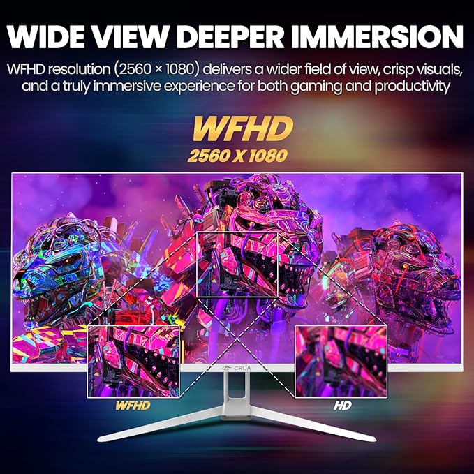 CRUA 34'' Ultrawide Gaming Monitor 120HZ, 21:9 WFHD 2560X1080 IPS Panel Computer Monitors with Built-in Speakers, Support AMD FreeSync, 120% sRGB, DP1.4 & HDMI1.4, Wall Mountable Installs-White