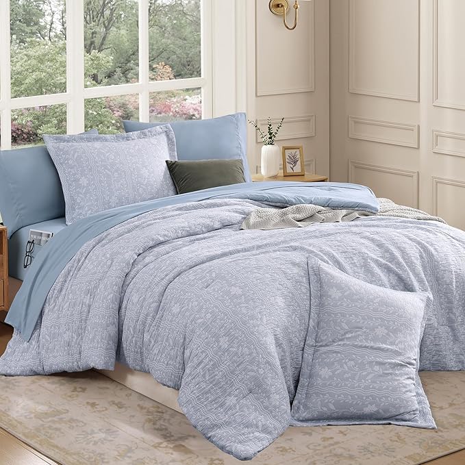 Full Comforter Set -7 Pieces Blue Floral Comforter Set for All Seasons, Bed in a Bag Full with Botanical Flowers Comforter, Sheets, Pillowcases & Shams