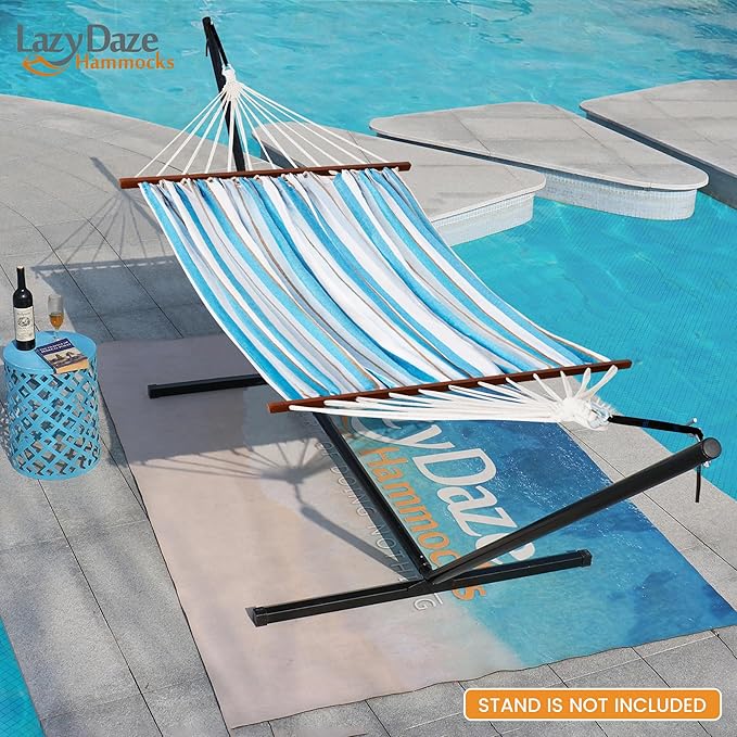 Lazy Daze Hammocks Cotton Fabric Spreader Bar Hammock, Outdoor Portable Hammock with Carrying Bag & Tree Straps for Bedroom, Patio, Backyard, Balcony, Max 450lbs Capacity, Blue & White