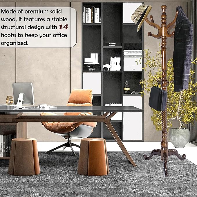 Coat Racks Free Standing with 11 Hooks, Natural Wood Coat Stands for Entryway, Adjustable Height 74 in Tree Coat Rack Stand for Hallway Home Office Bedroom (Brown Triangle)