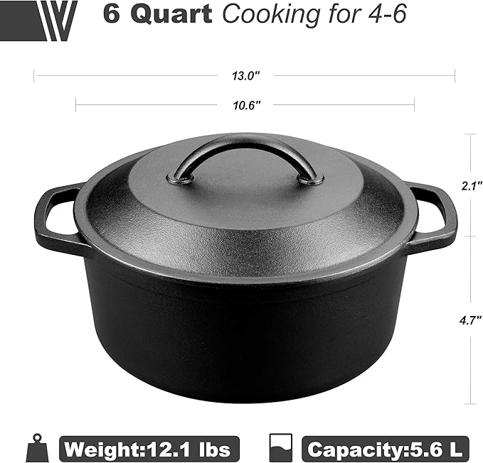 Pre-Seasoned Cast Iron Dutch Oven with Lid, Round and Dual Handles, for Stovetop, Camping, Grill, Induction, Electric, Black, 6qt