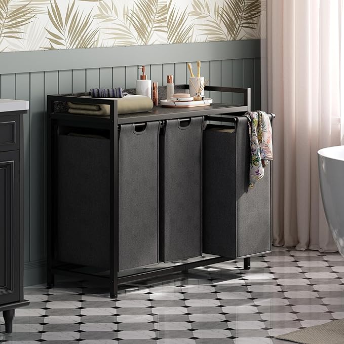 Laundry Hamper with Shelf, Laundry Basket 3 Section, Laundry Sorter with Pull-Out Removable Large Bags and Movable Wheels, Metal Frame, 3 x 15.87 Gallons (60L), Black and Gray PF04XLC