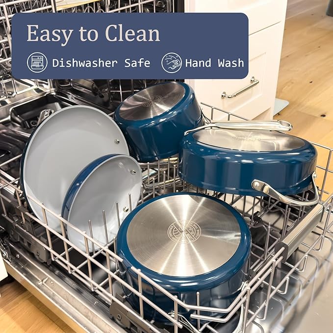 Ceramic Nonstick Pots and Pans Set 8-Piece Cookware Set - Non-Toxic & PTFE/PFOA/PFAS Free, Induction Compatible, Oven & Dishwasher Safe to 500°F, Navy Blue