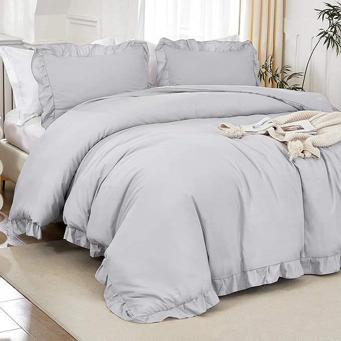Litanika Light Grey King Size Comforter Set, 3 Pieces Ruffle Farmhouse Aesthetic Bedding Comforter Set, All Season Soft Lightweight Fluffy Microfiber Bed Set(104x90In Comforter, 2 Pillowcases)