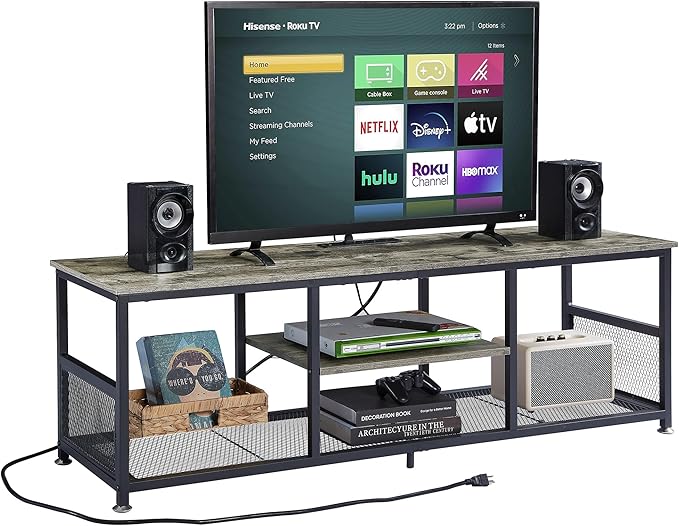 VECELO TV Stand with Power Outlets for Televisions up to 65Inch, 55" Media Entertainment Center with Charging Station 3-Tier Open Storage Shelves with Metal Frame for Living Room/Bedroom，Grey
