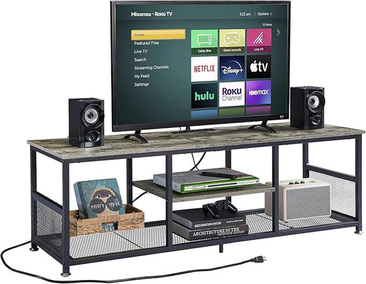 VECELO TV Stand with Power Outlets for Televisions up to 65Inch, 55" Media Entertainment Center with Charging Station 3-Tier Open Storage Shelves with Metal Frame for Living Room/Bedroom，Grey