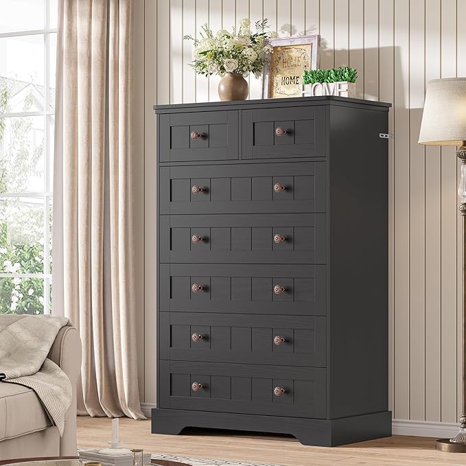 Hasuit Black Dresser for Bedroom, Farmhouse 7 Drawers Dresser, 51.4"Tall Dressers Chest of Drawers with Hand Carved Panel, Large Wood Closet Storage Organizers Dressers for Bedroom Living Room Hallway