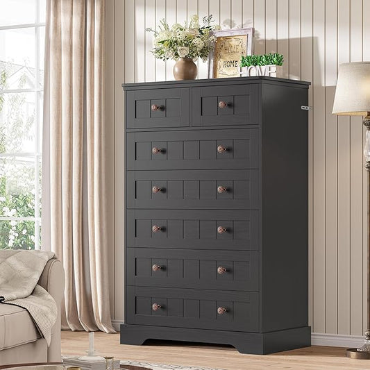 Hasuit Black Dresser for Bedroom, Farmhouse 7 Drawers Dresser, 51.4"Tall Dressers Chest of Drawers with Hand Carved Panel, Large Wood Closet Storage Organizers Dressers for Bedroom Living Room Hallway