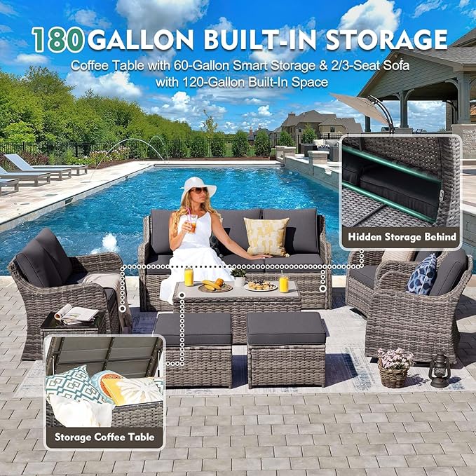 Patio Furniture Set with Swivel Rocking Chairs, 8 Pieces Patio Conversation Set, Outdoor Wicker Sofa Couch with Waterproof Cushions for Lawn Backyard Porch (Grey)