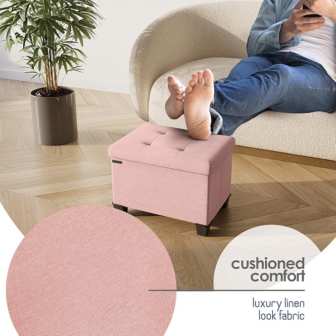 STORAGEBUD Storage Ottoman Cube with Small Bin, 16-in Square Ottoman with Storage for Living Room and Bedroom, Small Ottomans Foot Rest, Fabric Foot Stools Ottomans Max 330lbs, Pink
