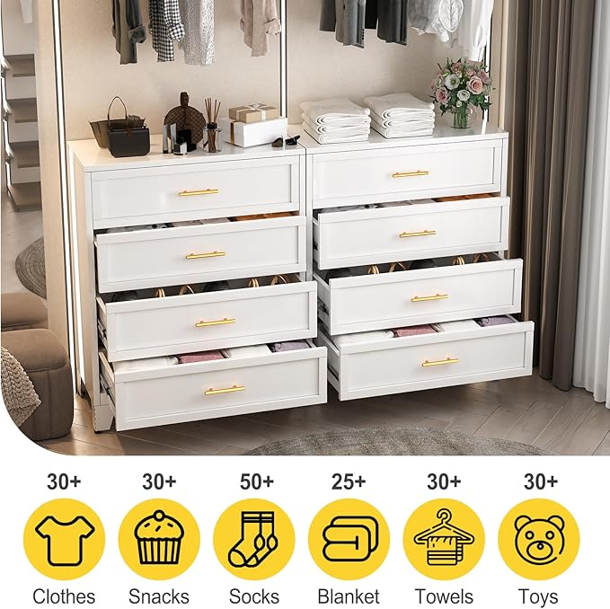 43.11" Tall Metal Dresser for Bedroom, 4 Drawer White Dresser Chest with Gold Handles, Closet Dressers Chests with Fluted Panel, Vertical Storage Cabinet for Living Room, Entryway, Hallway