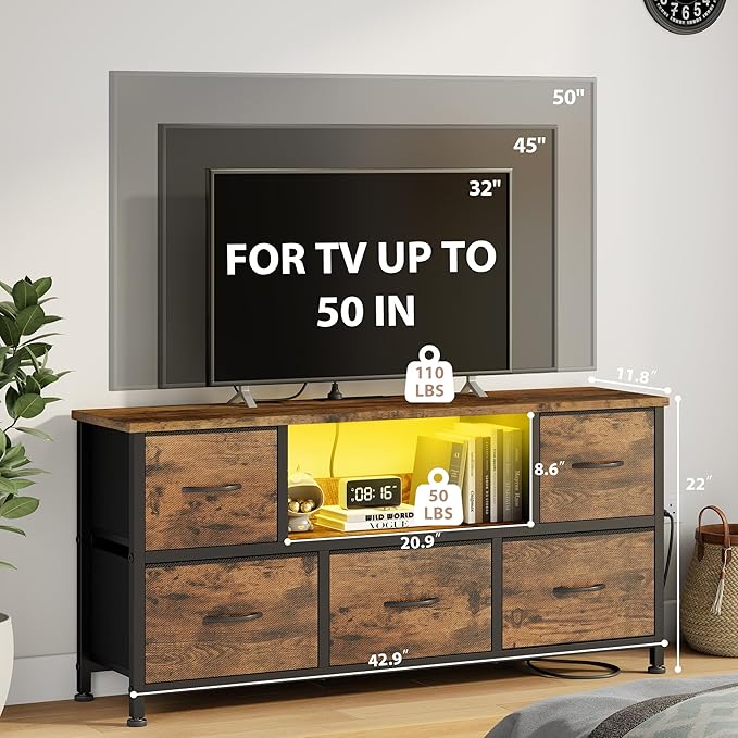 Lulive TV Stand for Living Room, LED Rustic Brown Dresser for Bedroom with 5 Fabric Drawers,43 55in TV Stand with Power Outlet, Entertainment Center with Open Shelf