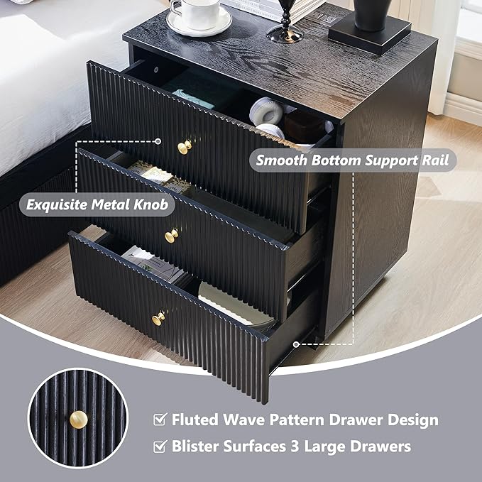 Fluted Night Stand with Charging Station, 21.65" Black Nightstand with 3 Drawer, 3 Drawer Dresser for Bedroom, Morden End Table Chests of Drawers Bedside Table for Bedroom, Living Room,Black