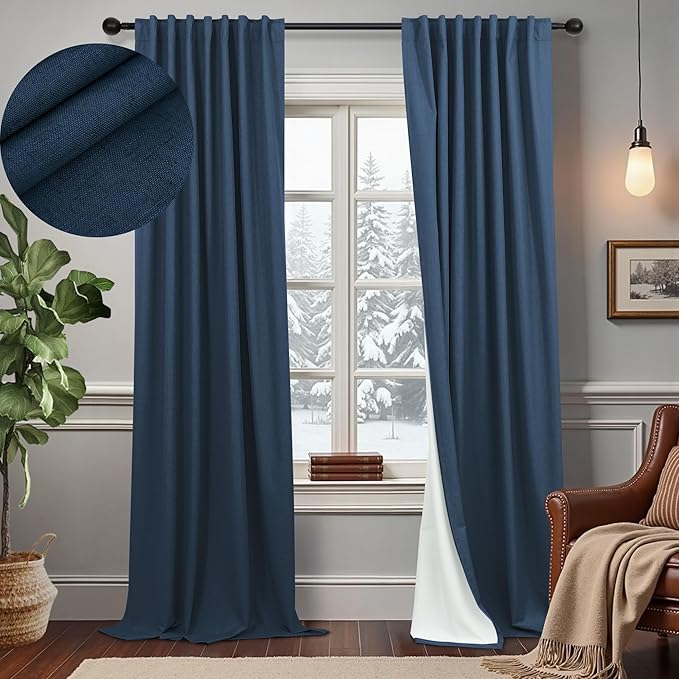 Navy Blue Blackout Curtains 108 Inches Long 2 Panel Large Window Back Tab Pleated Heavy Thick Linen Insulated Thermal Curtains Summer Heat Blocking Light Weight Black Out Drapes for Sliding Glass Door