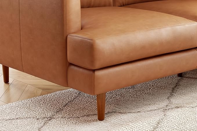 Valencia Grosseto 87” Cognac Tan Brown 3 Seater Full Leather Sofa | Mid Century Italian Nappa Leather Couch for Living Room Furniture | Double Stitched Seams, Removable Cushions