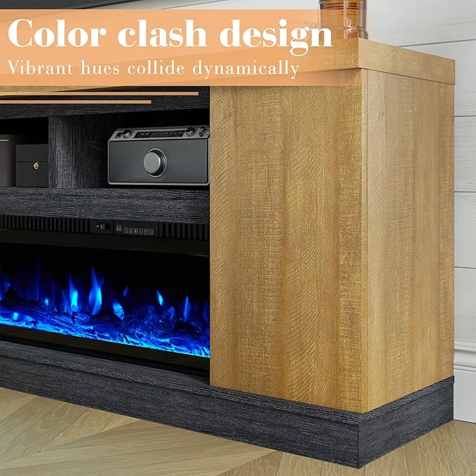 75” Fireplace TV Stand with 60” Electric Fireplace, Chunky Entertainment Center with Wood Grain, Color Clash Entertainment Stand for TVs up to 85”, Black&Brown