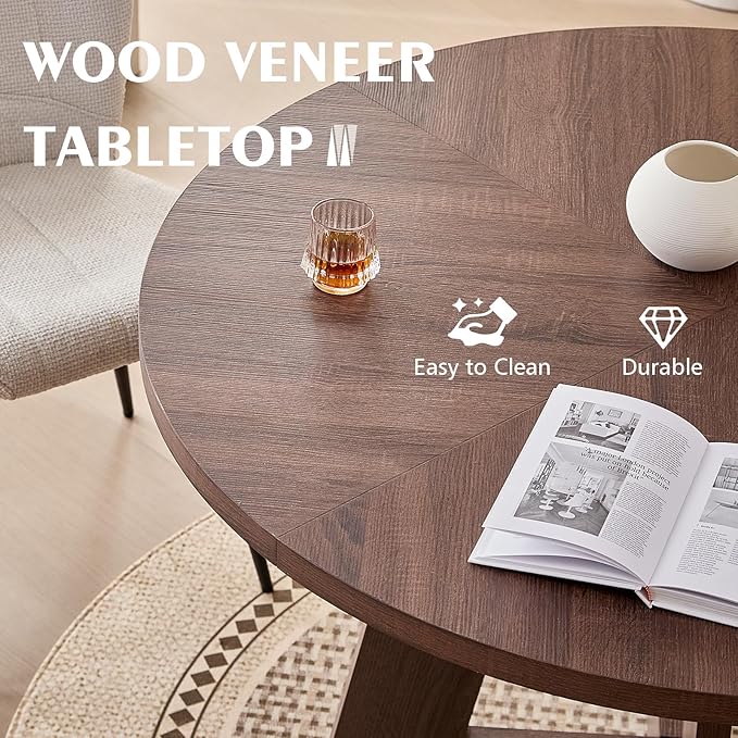 47" Round Dining Room Table Set for 4, [Fanned Base] [1.38" Thick Top] Wood Kitchen Table with 4 Chenille Dining Chairs