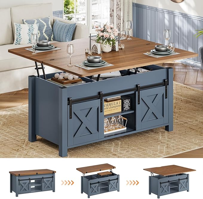 SEDETA Lift Top Coffee Table, 4 in 1 Multi-Function Convertible Coffee Tables with Storage and Hidden Compartment, Farmhouse Coffee Table Converts to Dining Table for Living Room, Blue