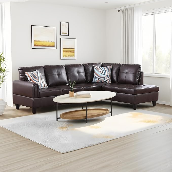NicBex Sectional Couch 2 Pieces 66.5" L Sofa with Right Chaise Faux Leather L Shaped Cloud Couch for Living Room Furniture Sets with Cushion, Modular Sofa for Living Room & Small Apartment, Brown