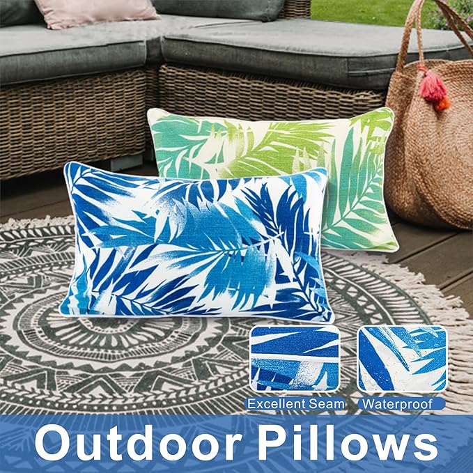 JMGBird 12×20 Inch Outdoor Lumbar Pillows Pack of 2 Colors Waterproof Throw Pillows with Insert Rectangular Decorative Garden Cushion for Home Furniture Patio Coach Sofa