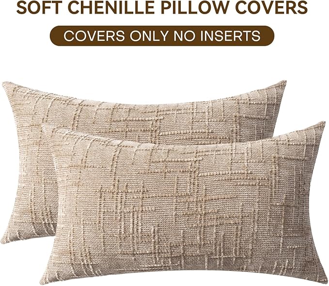 Decorative Throw Pillow Covers 12x20 Inch Set of 2, Soft Solid Farmhouse Chenille Couch Pillows, Spring Pillow Covers for Couch Sofa Bed Living Room Home Decor Pillowcase, Light Khaki