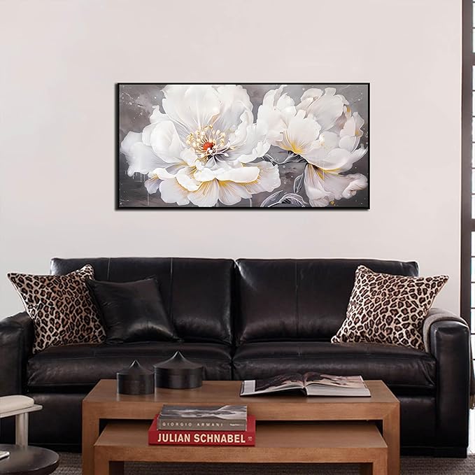 Flower Canvas Wall Art for Living Room - Modern White Wall Art for Bedroom - Black Framed Wall Art Size 20" x 40"