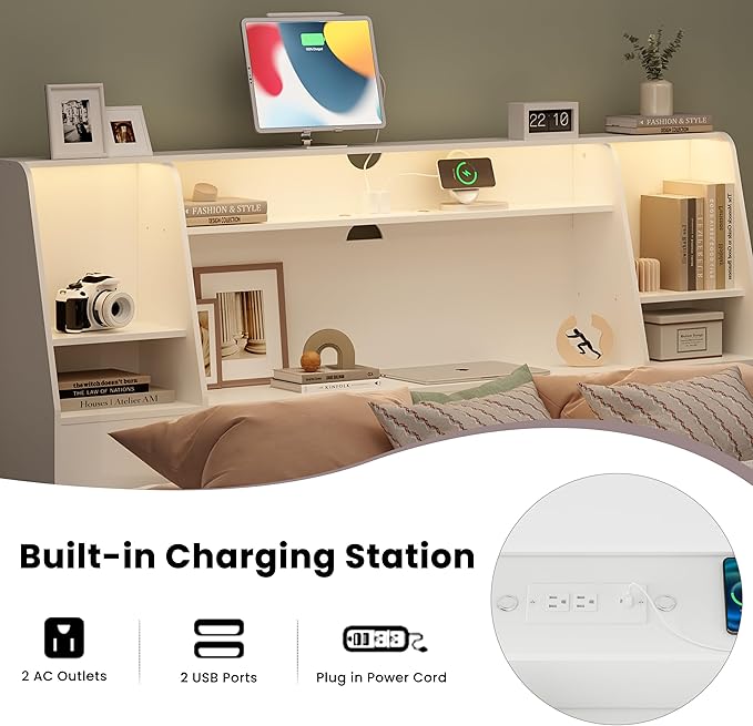 Headboard Queen Size with Storage, Upholstered Wood Bookcase Headboard with Charging Station & 2 LED Lights (White, Queen)