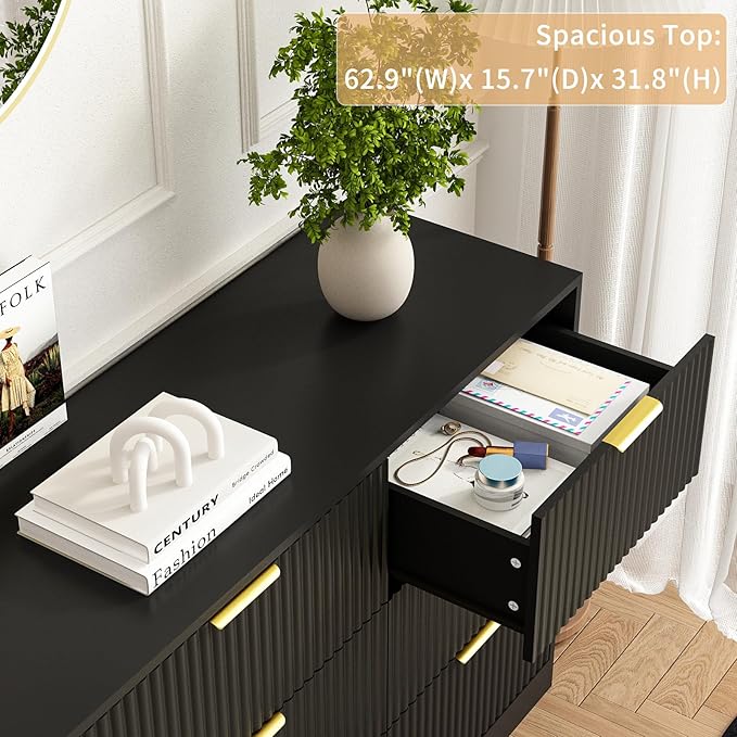 9 Drawer Dresser for Bedroom with Deep Drawers, 63" Wide Wood Dresser, Large Floor Chest of Drawers, Modern Long TV Stand, Storage Cabinet Side Table, Black