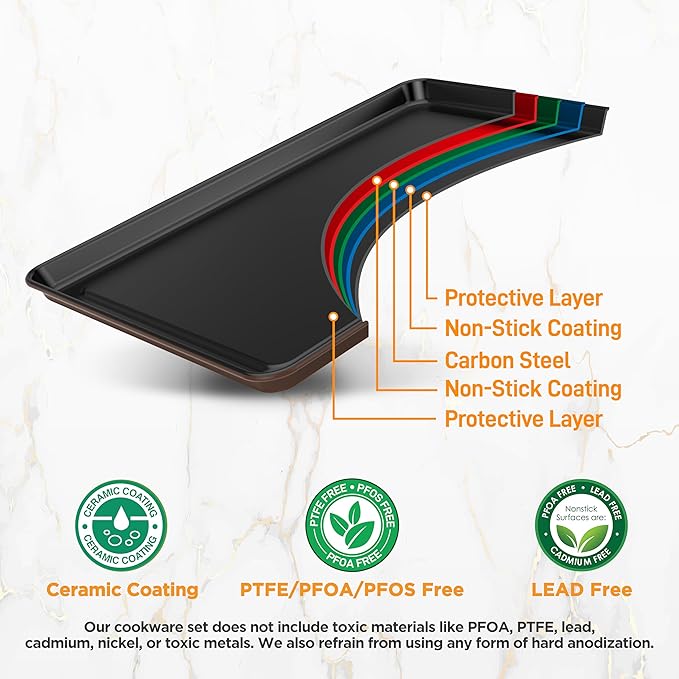 8-Piece Nonstick Stackable Bakeware Set - PFOA, PFOS, PTFE Free Baking Tray Set w/Non-Stick Coating, 450°F Oven Safe, Round Cake, Loaf, Muffin, Wide/Square Pans, Cookie Sheet (Brown)