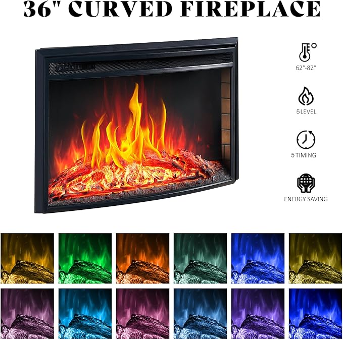 AMERLIFE 70" Farmhouse Fireplace TV Stand with 36'' Curved Electric Fireplace, LED Media Console with 2 Drawers & Adjustable Shelves, Fits 80'' TVs, Wash Gray