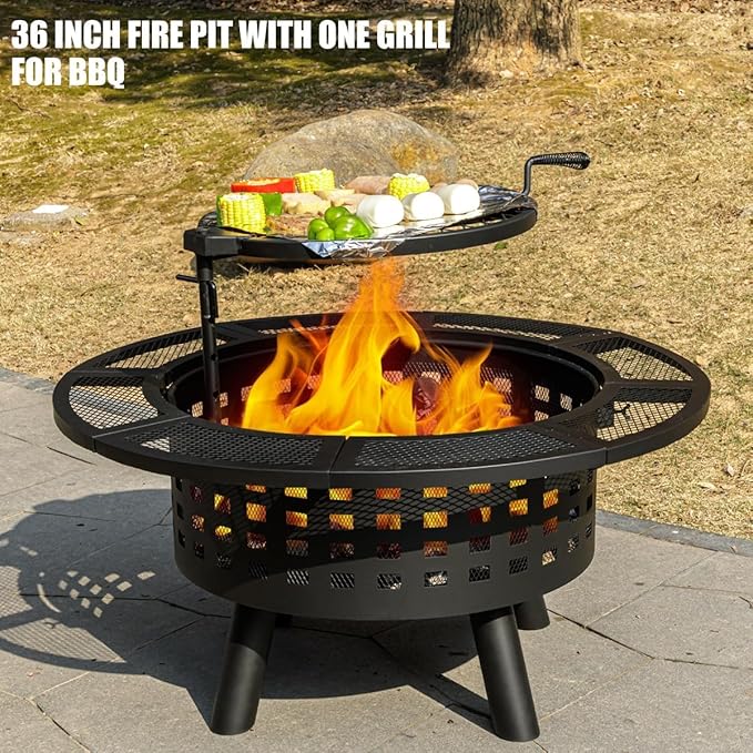 Verdeluxe 36 inch Outdoor Fire Pit with Grill,Wood Burning Firepits for Outside with Lid & Fire Poker,Metal 3-in-1 Fire Pit Table with Cooking Grate,Outdoor Fireplaces for Bonfire,Yard,BBQ（Jet Black）