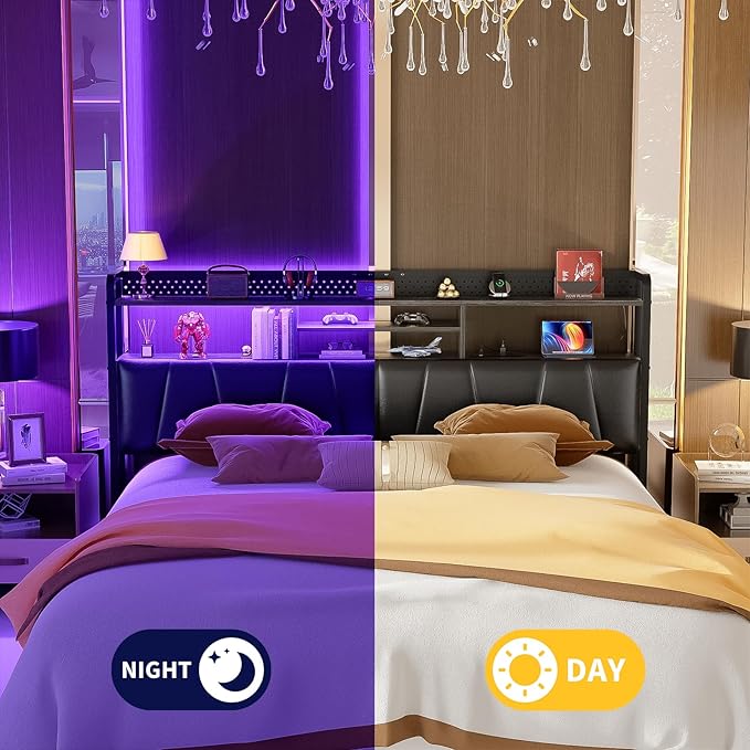 Unikito Headboard for King Size Bed Frame, Upholstered Head Board with Outlets, USB Ports and LED Light, Comfortable Leather Headboards with Storage Shelf, Sturdy King Bed Headboard Only, Black Oak