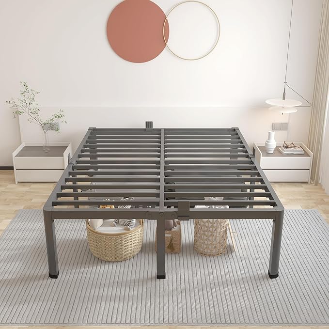 ROIL 12 inch California King Size Bed Frame Metal Platform No Box Spring Needed with Headboard Hole Round Corner Legs Mattress Retainers 3500LBS Heavy Duty Steel Slats Noise-Free Storage