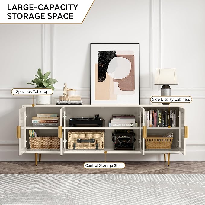 ARTPOWER Modern TV Stand for TVs up to 70+ inch, Glass Door Television Console Table with Gold Leg, Entertainment Center with Storage Cabinet, Wood Media Furniture for Bedroom, Living Room, White