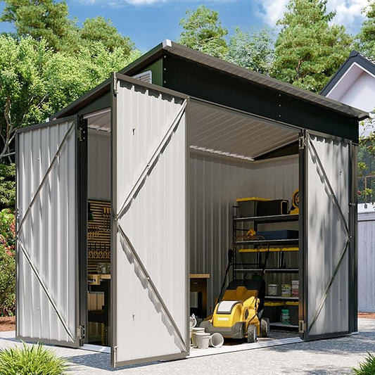 8'x4' Shed Galvanized Steel Storage Sheds with Triple Doors Utility Sheds for Vertical Storage, Dual Lock Lean to Shed with Sloped Roof for Mower, Bike, Garden Tools (Black)