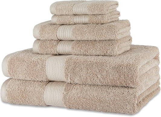 Amazon Basics Fade Resistant Bath, Hand and Washcloth Towel Set, 100% Cotton, Set of 6, 30 x 54 inches, Taupe