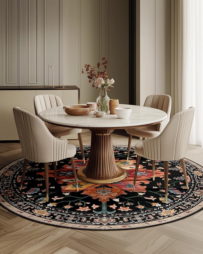 Area Rugs 8ft Washable Non-Slip, Floral Vintage Distress Print Pattern Medallion Carpet for Living Room Bedroom Dining Room, Black Colorful Floral Dark Tan