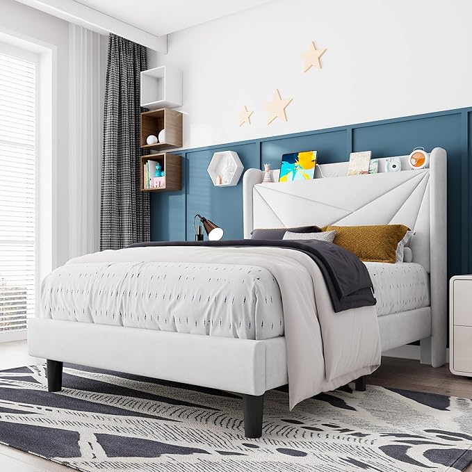 Feonase Twin Bed Frames, Upholstered Bed Frame with Charging Station, Wingback Storage Headboard, No Box Spring Needed, Noise-Free, White
