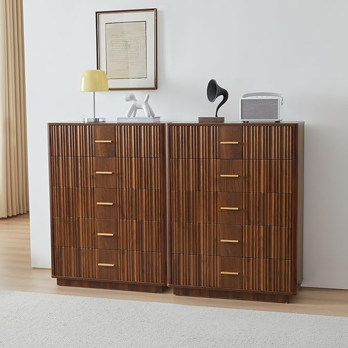 Fluted 5 Drawers Dresser for Bedroom, Wooden Tall Storage Dresser TV Stand, Curved Profile Modern Chest of Drawers, Wood Closet Clothes Storage Organizer for Living Room Hallway,Walnut 2 Sets