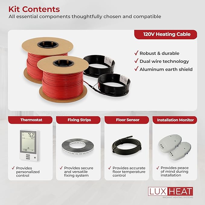 120sqft Floor Heating Cable Kit - 120v Under Laminate Floor Heating Kit - Heated Flooring System Includes UDG Programmable Thermostat w/GFCI, Heater Cable, Strapping, Sensor & Alarm
