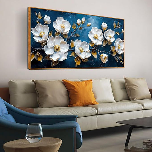 White Flower Wall Decor for Bedroom Women - Large Framed Wall Art for Living Room Ready to Hang Size 29"x 59"