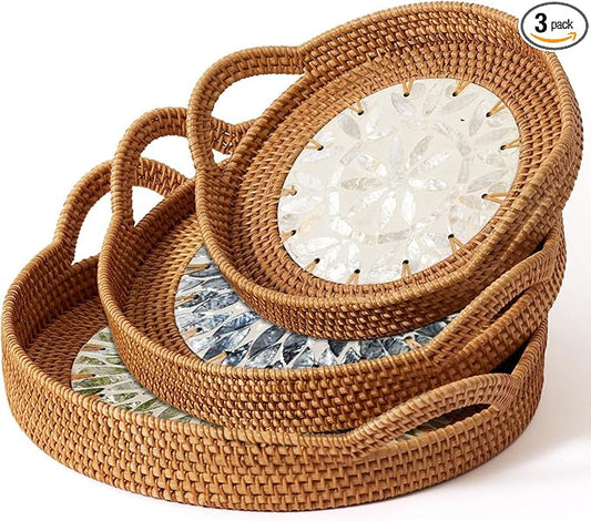3 Pack Round Rattan Tray, Natural Handwoven Rattan Serving Tray with Mother Pearl Inlay Base, Decorative Boho Coffee Table Trays with Handles, Wicker Organizer for Snacks, Jewelry, Candles, Vanity