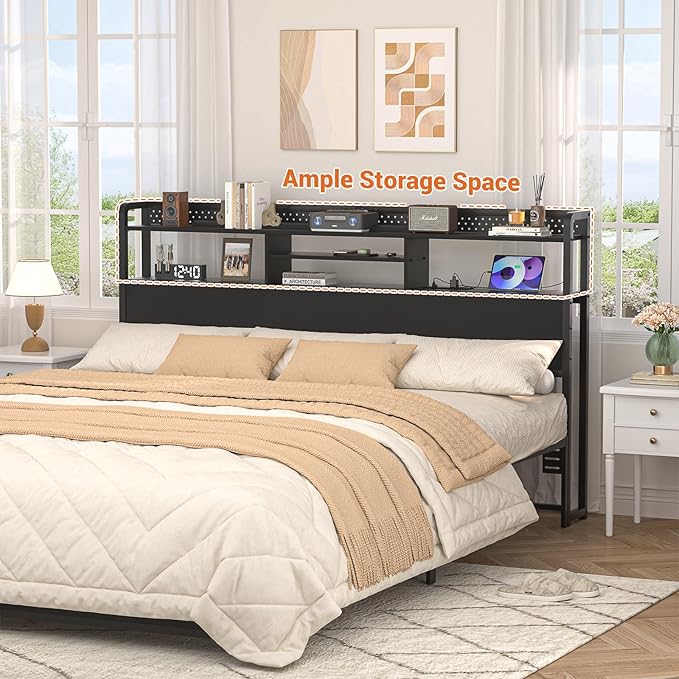 Unikito Headboard for King Size Bed with Storage Shelf, Head Board with 3 Outlets and 2 USB Ports, Headboards with RGB LED Light, Height Adjustable, Sturdy and Stable, Easy Assembly, Black