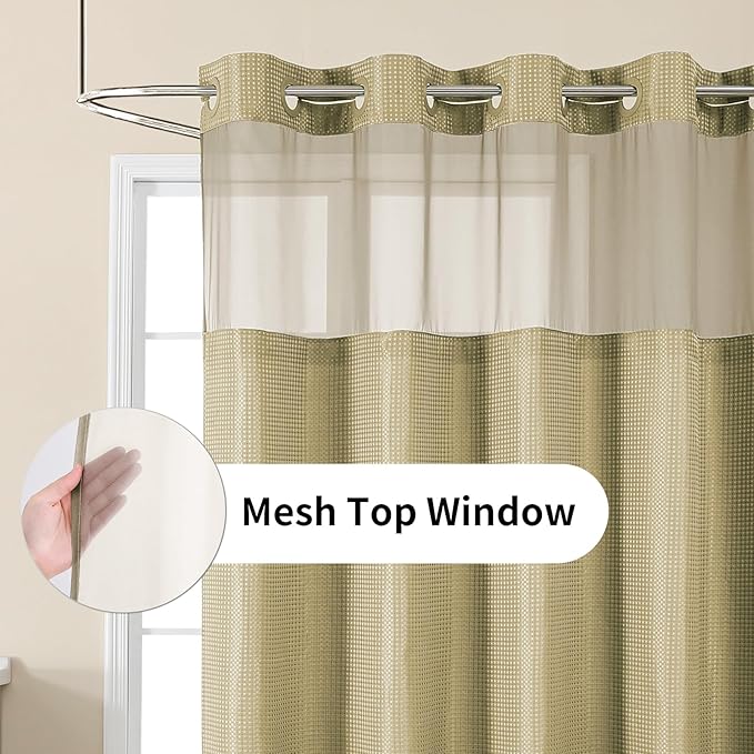 Colorful Star No Hook Shower Curtain with Snap in Fabric Liner, Waffle Weave Heavy Duty Thick Shower Curtains with Mesh Top Window, Hotel Style Waterproof Bathroom Curtain Set, 72 x 81 Inch, Beige