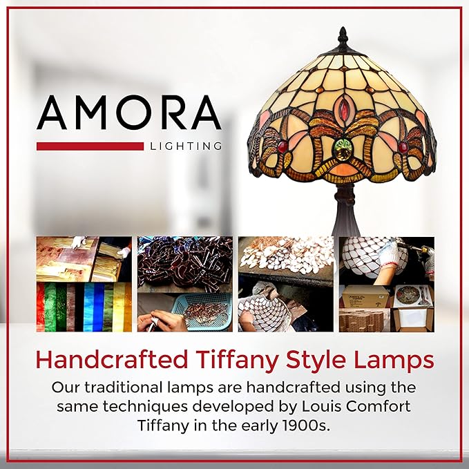 Amora Vintage Tiffany Table Lamp - Frosted White Stained Glass Nightstand Lamp - Geometric Table Night Light - 19” Stained Glass Lamps for Living Room