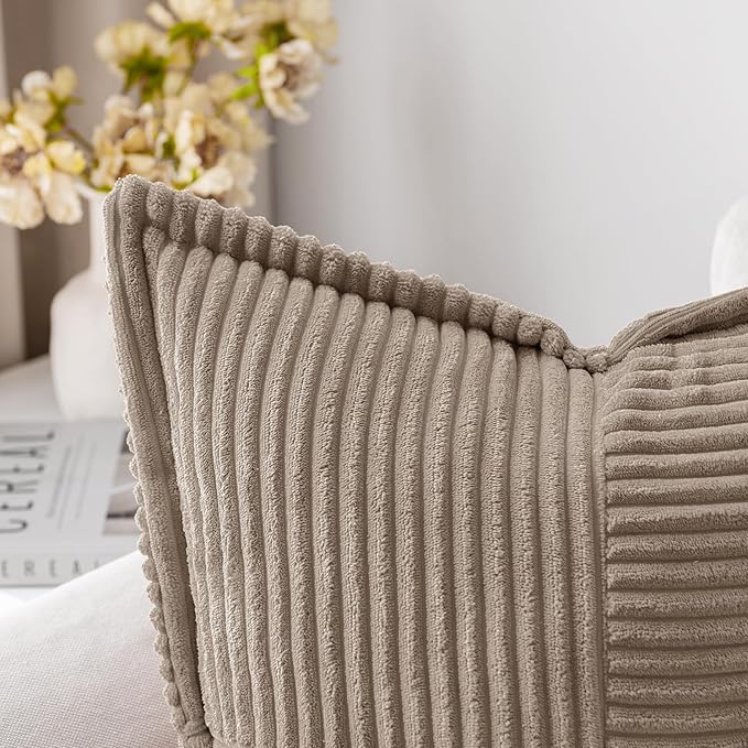 MIULEE Decorative Lumbar Throw Pillow Covers for Couch Bed Livingroom 12x20 Inch Set of 2 Light Brown Boho Accent Throw Pllows Broadside Striped Patchwork Soft Corduroy Pillowcases