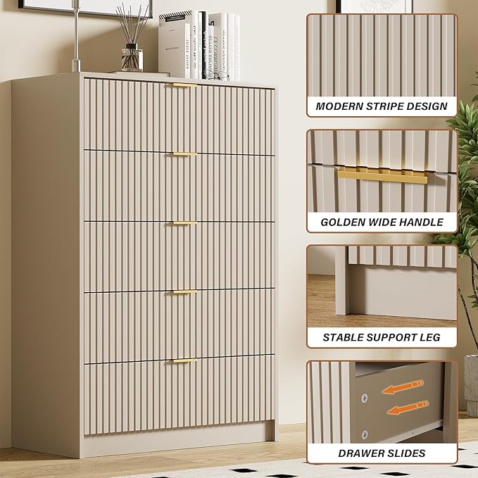 Beige Dresser for Bedroom, Modern Dresser with 5 Drawers and Smooth Slides, Wide Chest of Drawers with Golden Handles for Bedroom, Living Room, Closet, 15.7" D x 31.5" W x 47.2" H