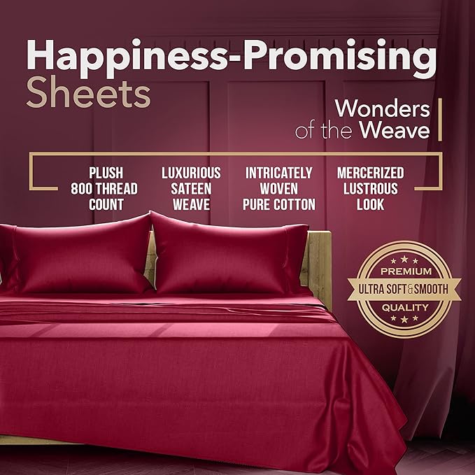 TEXAS LINEN CO. 100% Egyptian Cotton King Bed Sheets - 800 Thread Count 4 PC Burgundy King Sheet Set, Sateen Weave Luxury Hotel Sheets, Cooling Bedsheet, 16" Deep Pocket (Fits Upto 18" Mattress)
