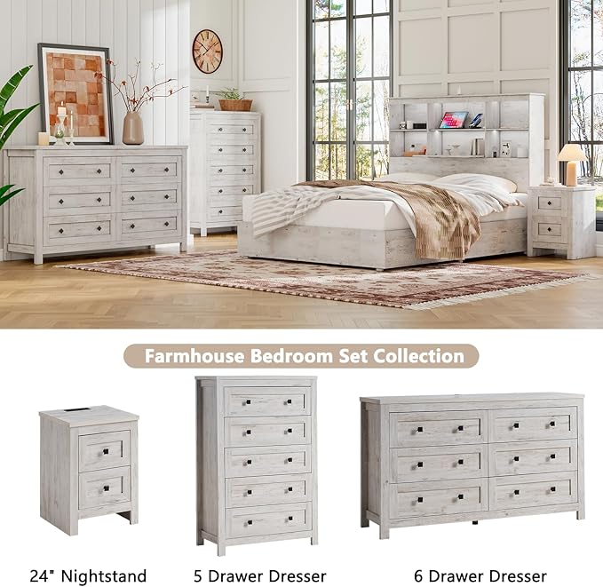 Farmhouse 6 Drawer Dresser, Wood Rustic Chest of Drawers for Bedroom, Closet Storage Dressers Organizer, 6 Drawers Chest for Living Room, Hallway, Rustic White