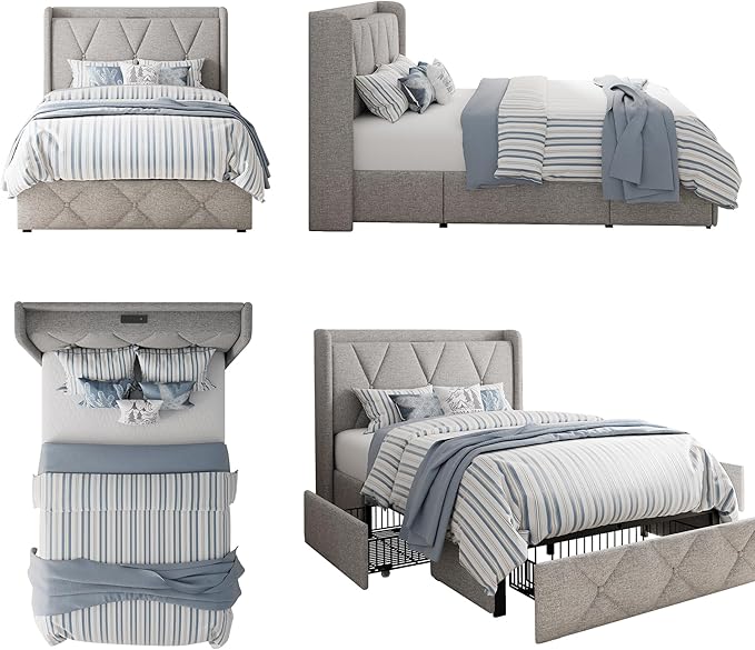 Twin Bed Frame with 4 Storage Drawers, Upholstered Platform Bed with Charging Station, Modern Wingback Storage Headboard, Easy Assembly,Noise-Free, Light Gray